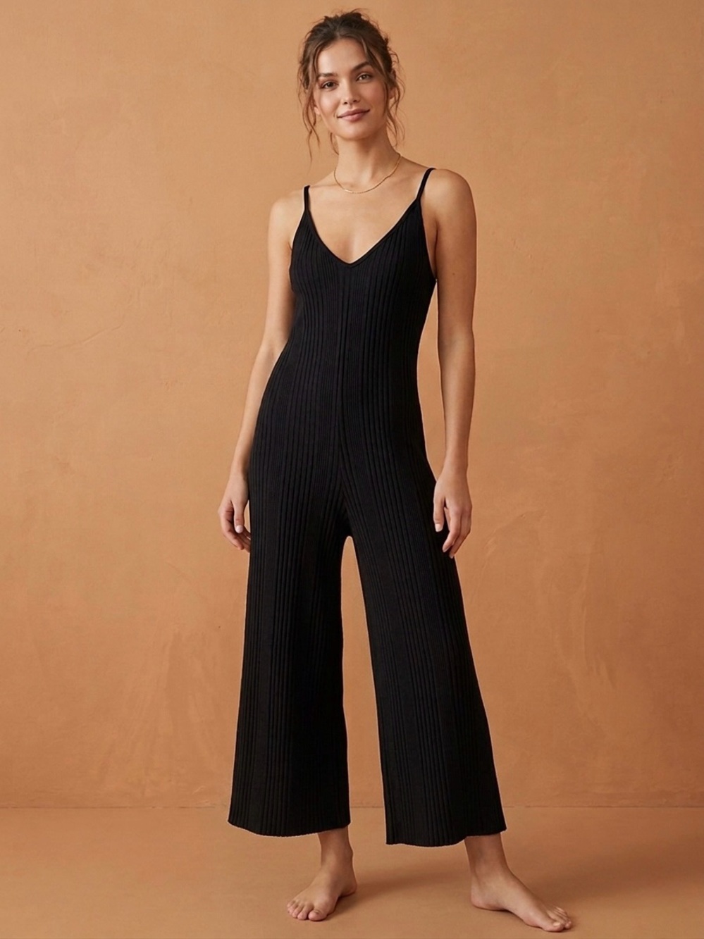 Stateside Organic Cotton Ribbed V-Neck Wide Leg Camisole Jumpsuit Black Size S